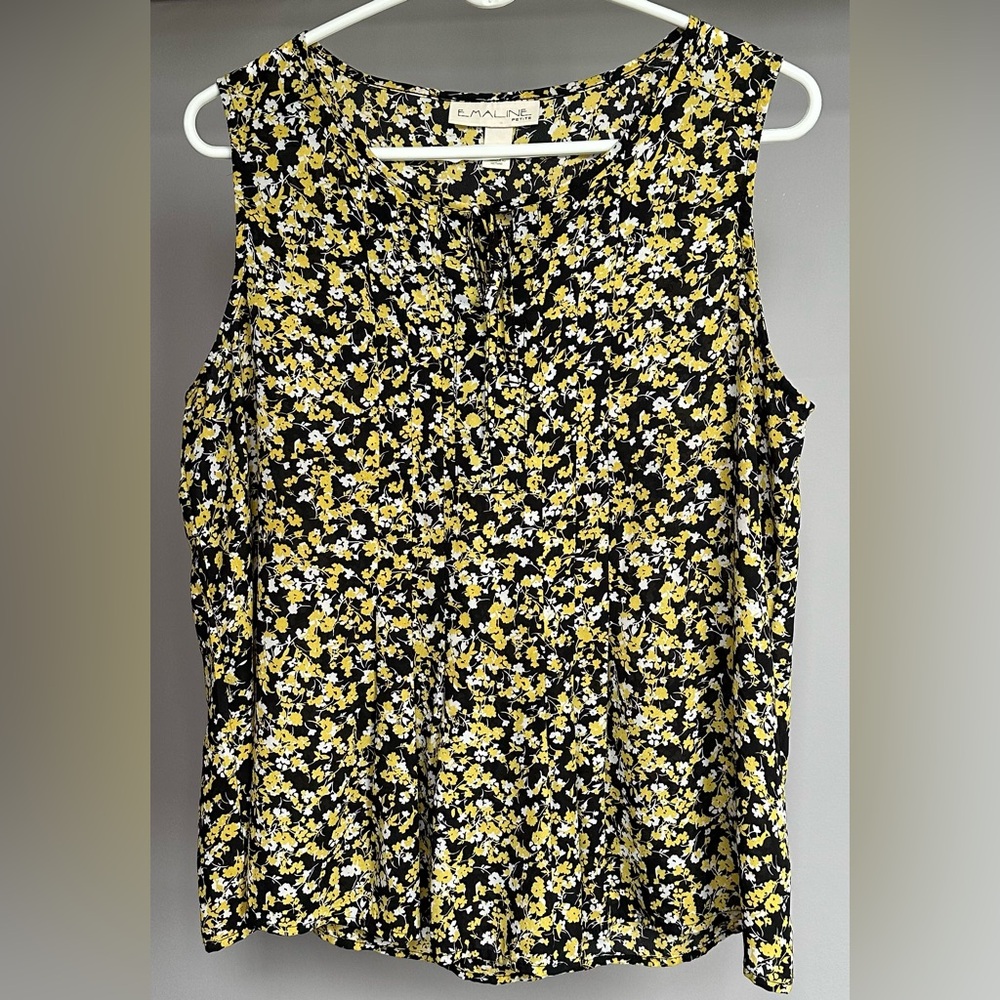 EMALINE size PL, black and yellow floral, sleeveless, pleated blouse.